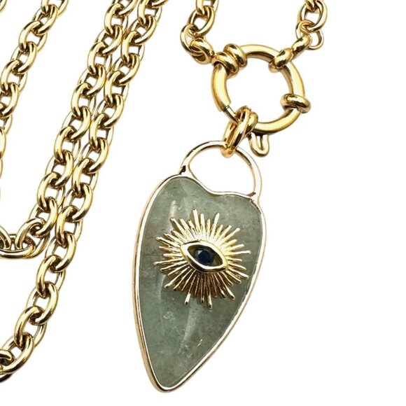Aventurine Gemstone Heart Evil Eye Pendant Necklace 18K Gold Plated Chain 19" - Picture 1 of 9